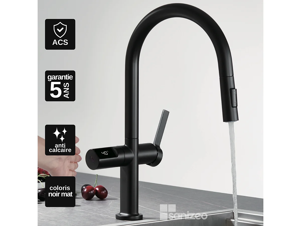 Mitigeur Évier Cuisine/Écran avec douchette extractible noir mat - Design moderne – TURIN IMEX