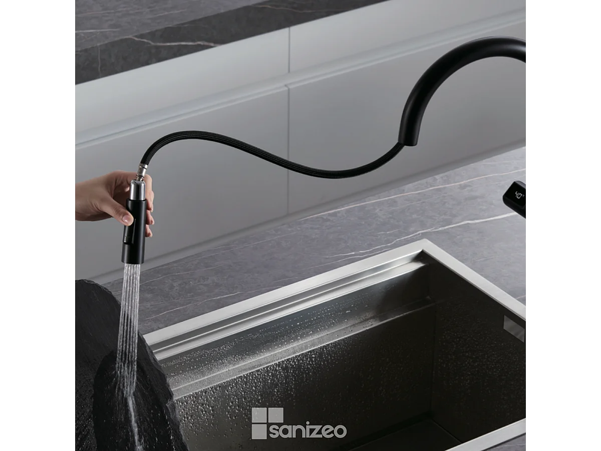 Mitigeur Évier Cuisine/Écran avec douchette extractible noir mat - Design moderne – TURIN IMEX