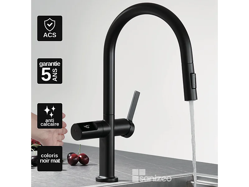Mitigeur Évier Cuisine/Écran avec douchette extractible noir mat - Design moderne – TURIN IMEX