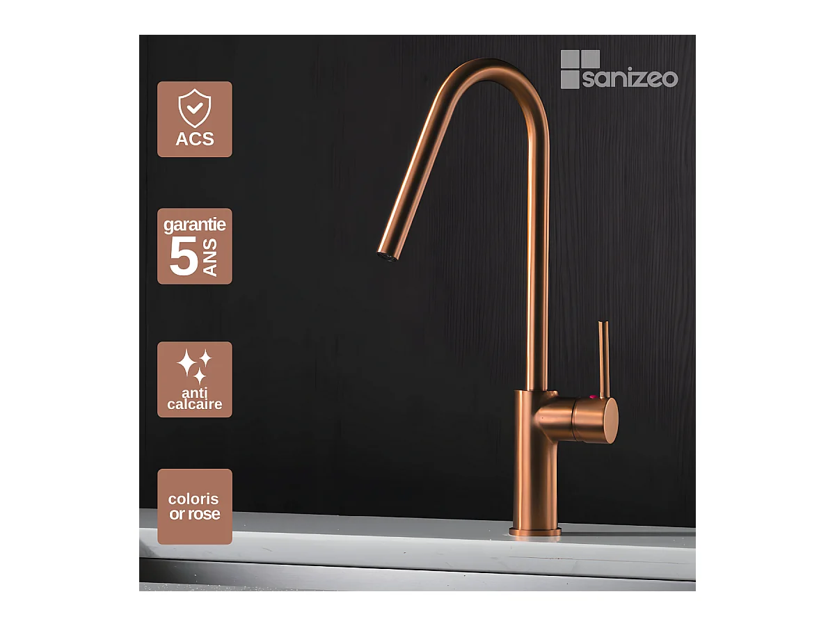 Mitigeur Évier Cuisine avec douchette extractible or rose brossé - Design moderne – KENIA IMEX