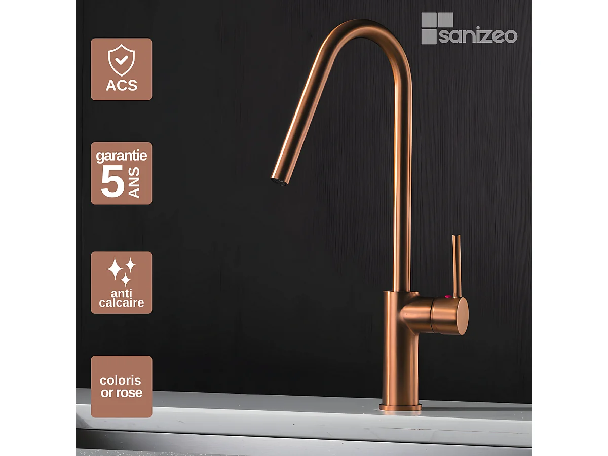Mitigeur Évier Cuisine avec douchette extractible or rose brossé - Design moderne – KENIA IMEX
