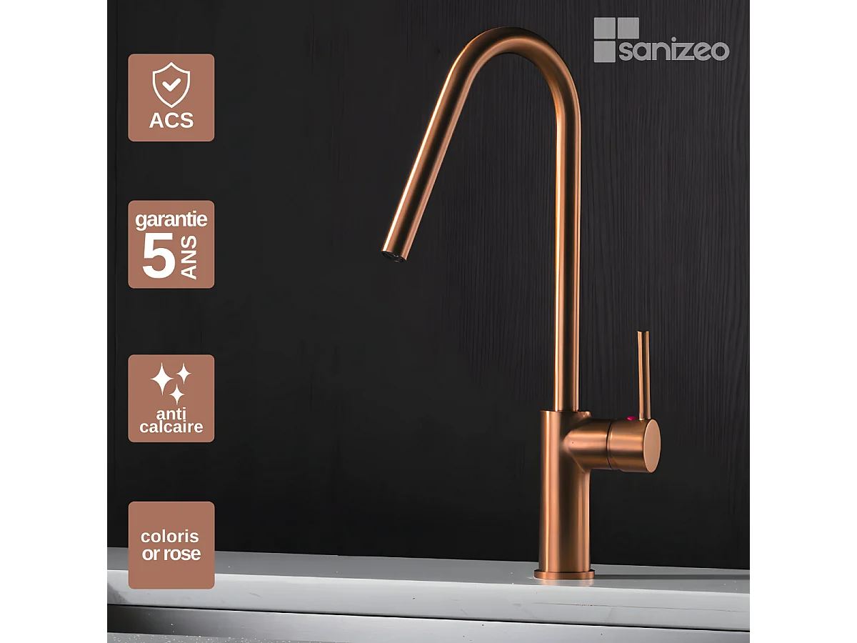 Mitigeur Évier Cuisine avec douchette extractible or rose brossé - Design moderne – KENIA IMEX