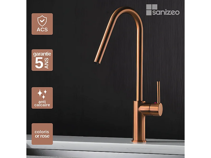 Mitigeur Évier Cuisine avec douchette extractible or rose brossé - Design moderne – KENIA IMEX