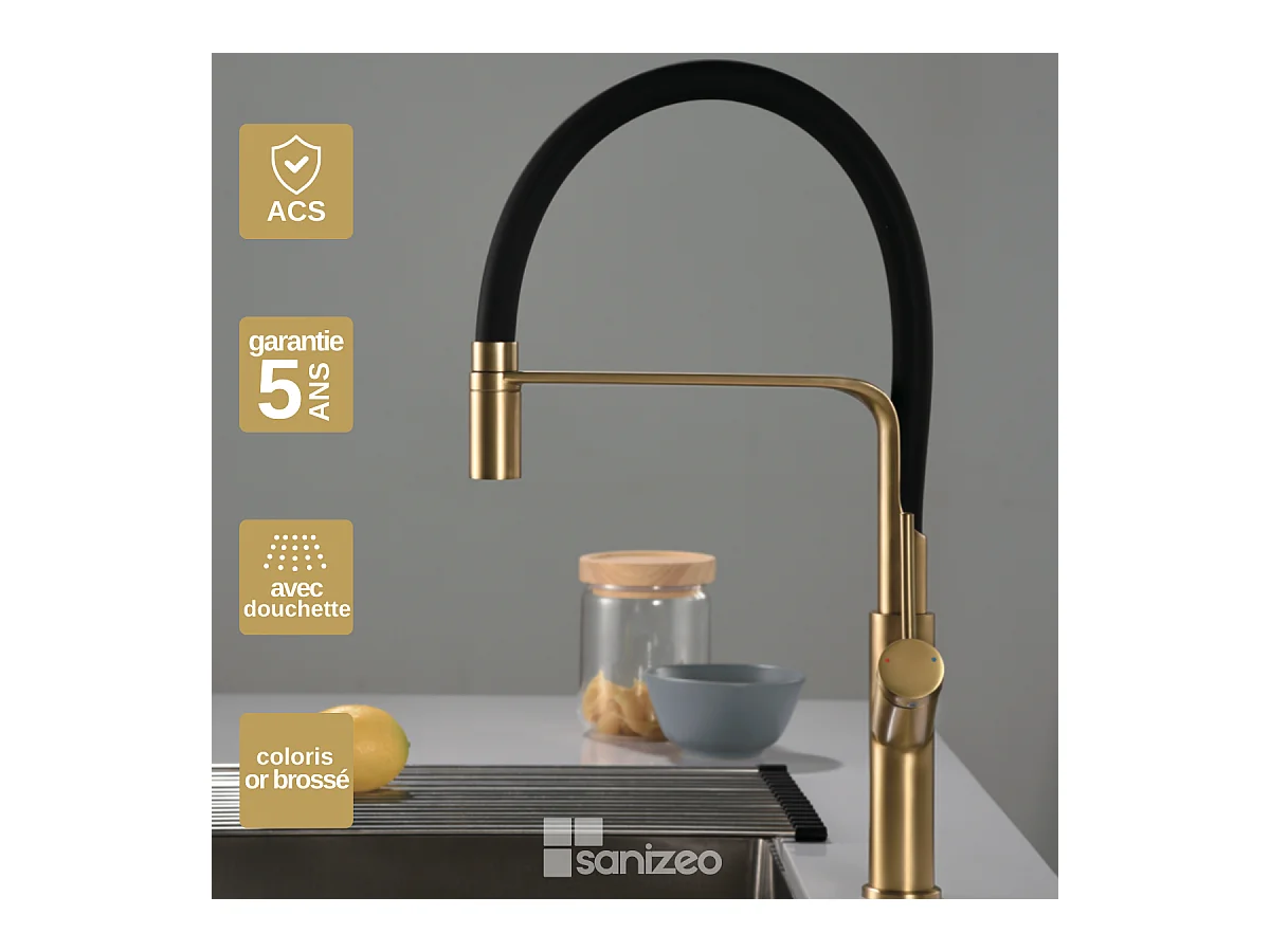 Mitigeur Évier Cuisine avec douchette extractible or brossé - Design moderne – SENA IMEX