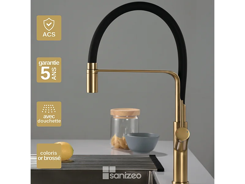 Mitigeur Évier Cuisine avec douchette extractible or brossé - Design moderne – SENA IMEX
