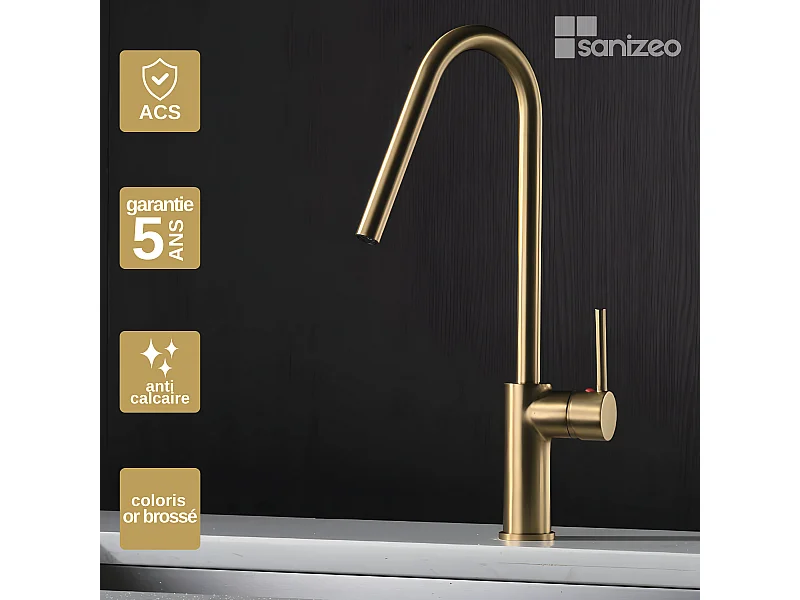 Mitigeur Évier Cuisine avec douchette extractible or brossé - Design moderne – KENIA IMEX
