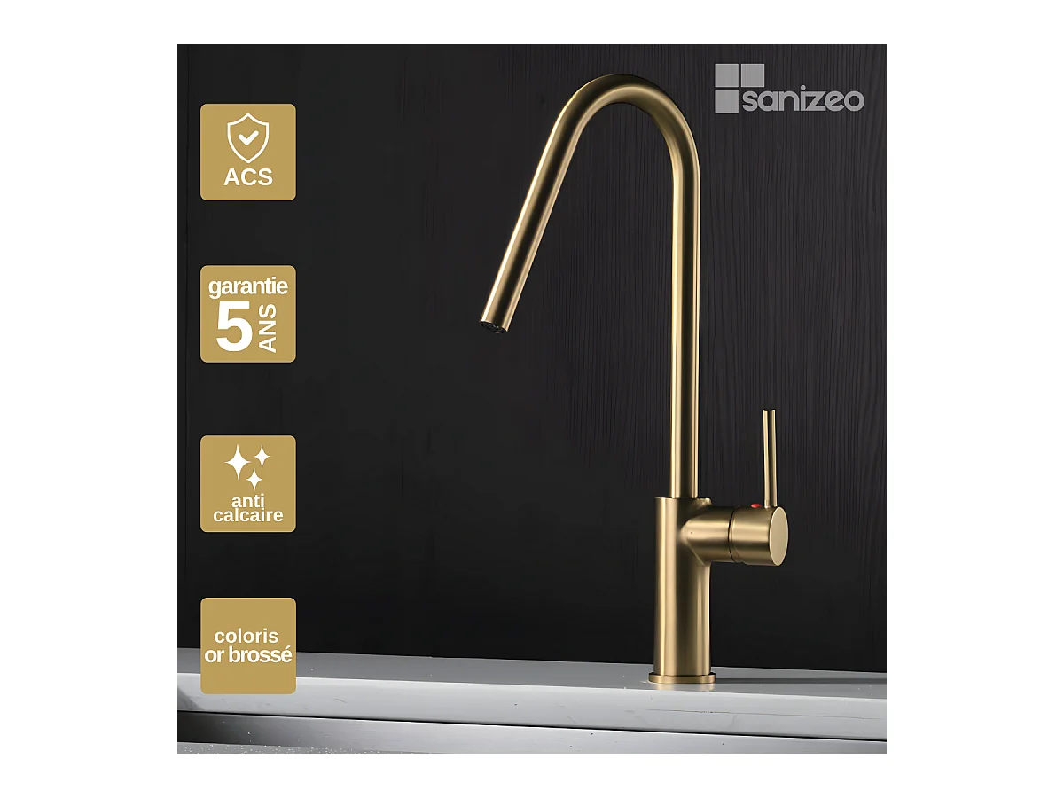 Mitigeur Évier Cuisine avec douchette extractible or brossé - Design moderne – KENIA IMEX
