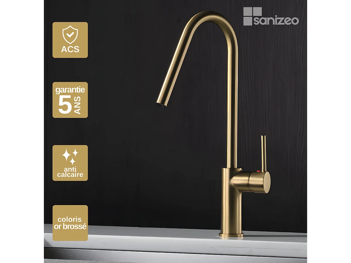 Mitigeur Évier Cuisine avec douchette extractible or brossé - Design moderne – KENIA IMEX