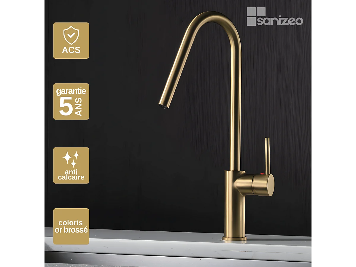 Mitigeur Évier Cuisine avec douchette extractible or brossé - Design moderne – KENIA IMEX