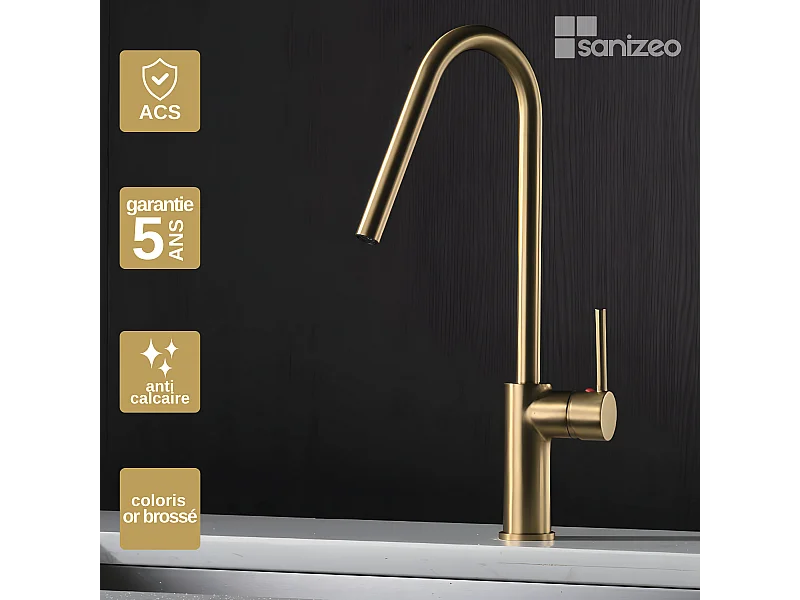 Mitigeur Évier Cuisine avec douchette extractible or brossé - Design moderne – KENIA IMEX