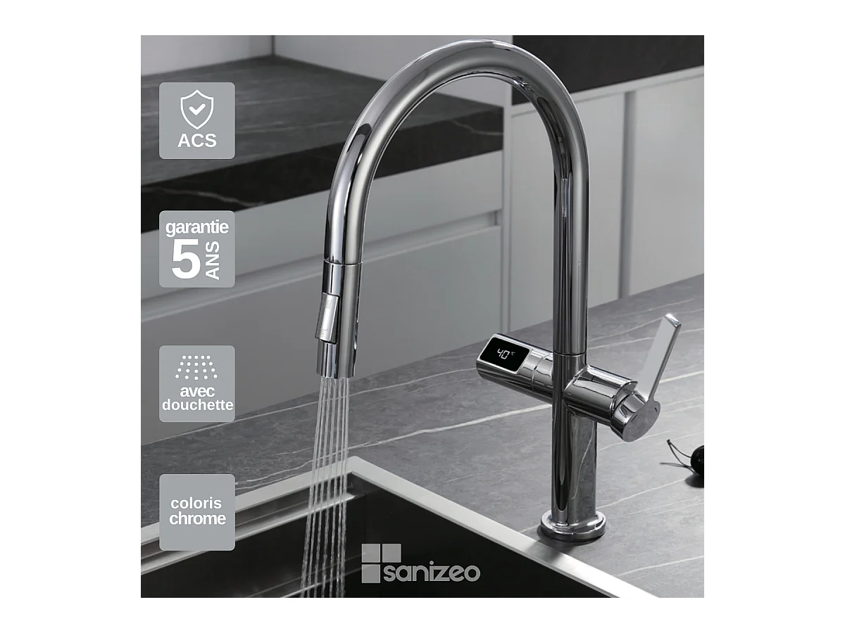 Mitigeur Évier Cuisine/Écran avec douchette extractible chromé - Design moderne – TURIN IMEX