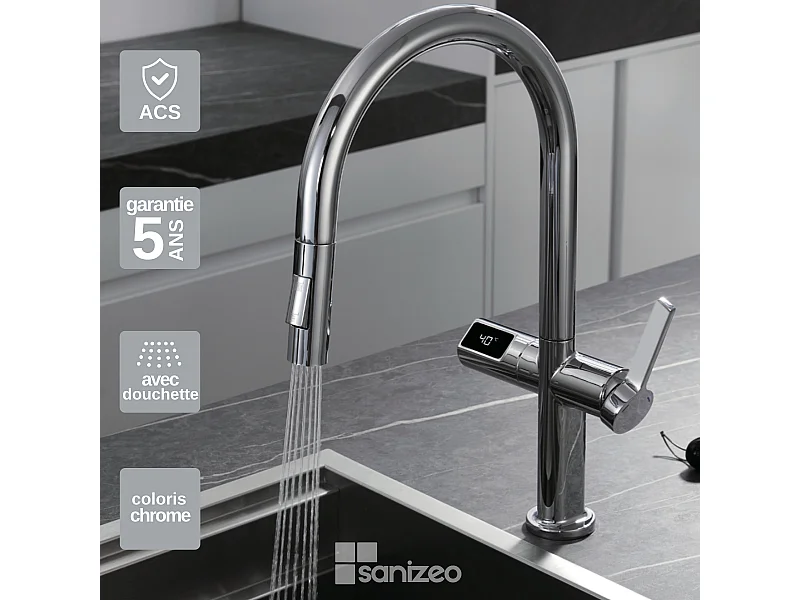 Mitigeur Évier Cuisine/Écran avec douchette extractible chromé - Design moderne – TURIN IMEX