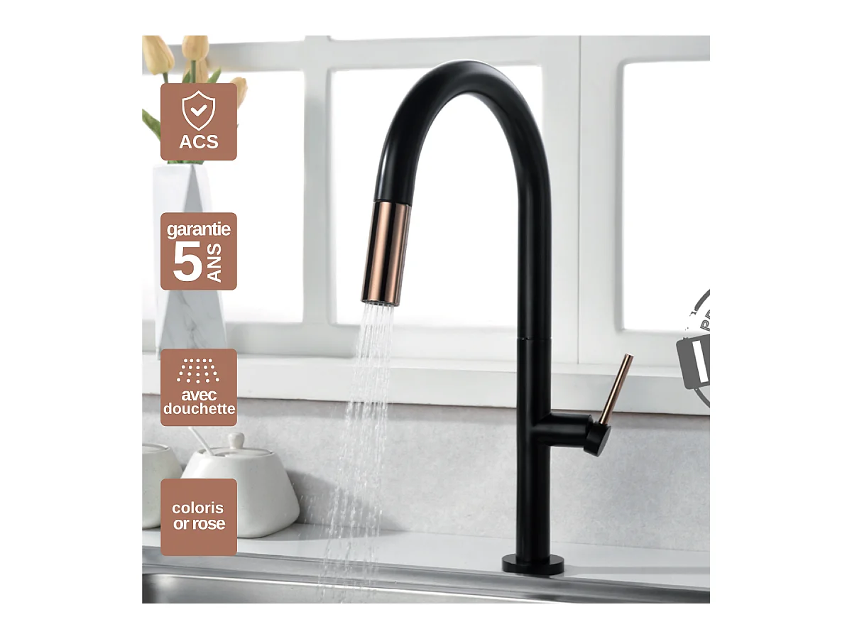 Mitigeur Évier Cuisine avec douchette extractible noir/or - Design moderne – SAMOA IMEX