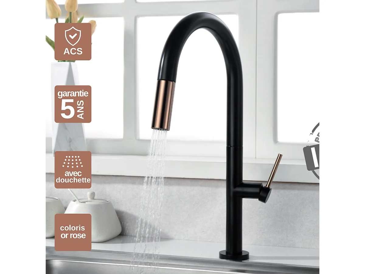 Mitigeur Évier Cuisine avec douchette extractible noir/or - Design moderne – SAMOA IMEX
