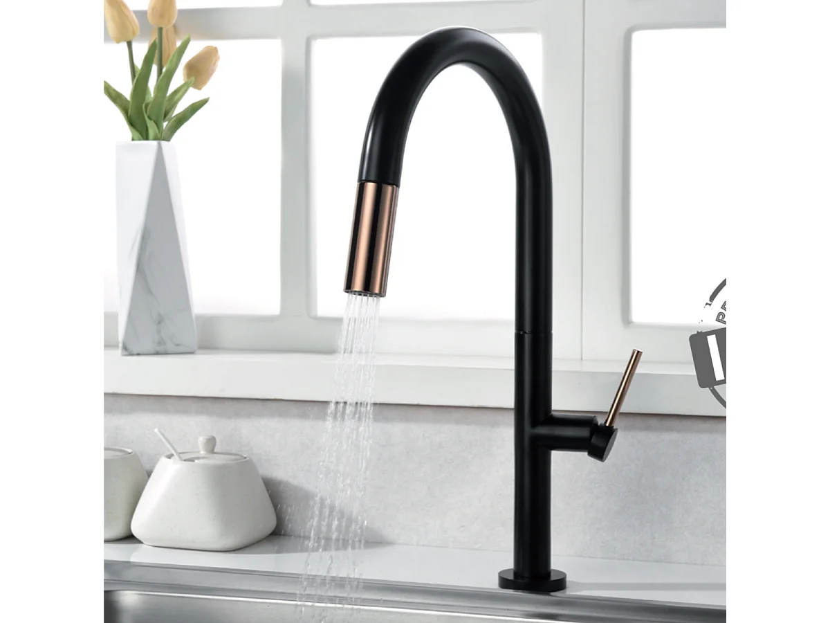 Mitigeur Évier Cuisine avec douchette extractible noir/or - Design moderne – SAMOA IMEX