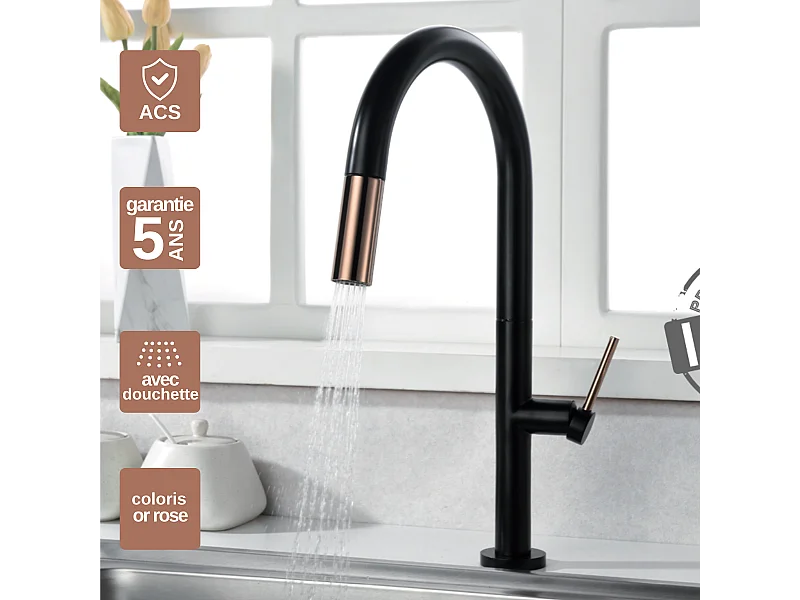 Mitigeur Évier Cuisine avec douchette extractible noir/or - Design moderne – SAMOA IMEX
