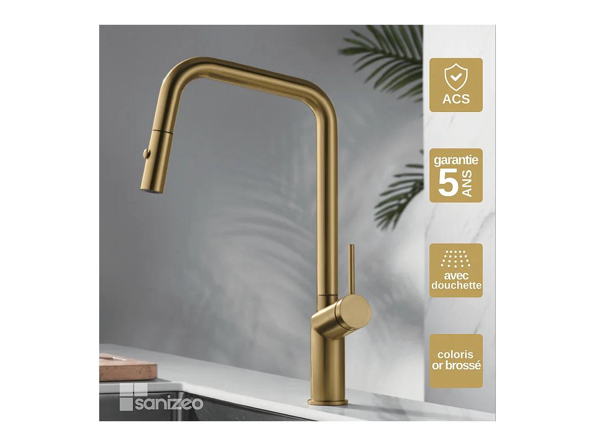 Mitigeur Évier Cuisine avec douchette extractible or brossé - Design moderne – BONN IMEX