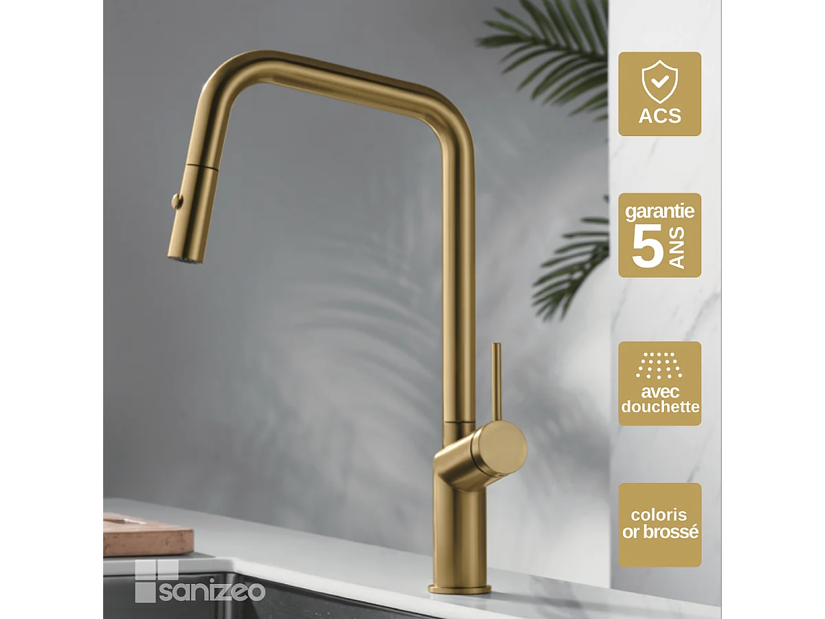 Mitigeur Évier Cuisine avec douchette extractible or brossé - Design moderne – BONN IMEX