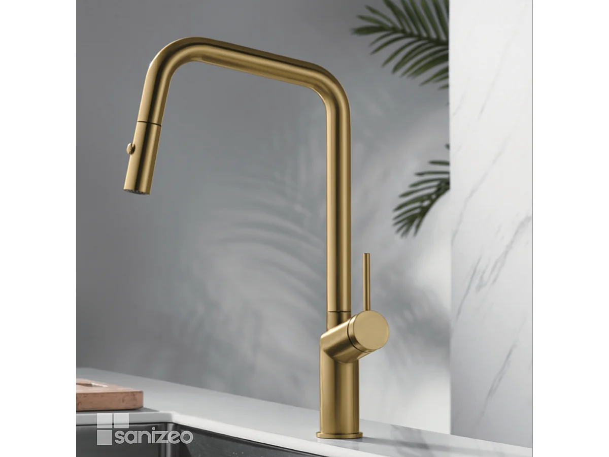 Mitigeur Évier Cuisine avec douchette extractible or brossé - Design moderne – BONN IMEX