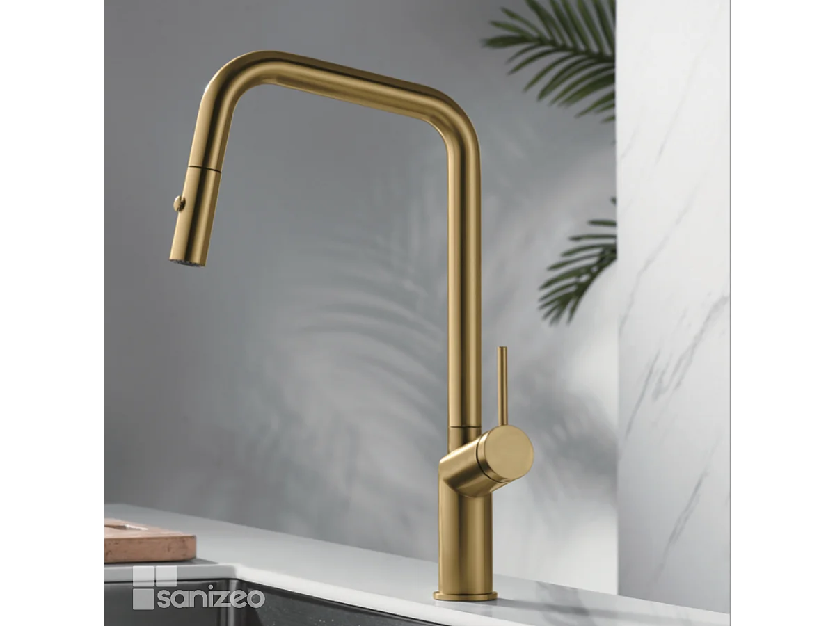 Mitigeur Évier Cuisine avec douchette extractible or brossé - Design moderne – BONN IMEX