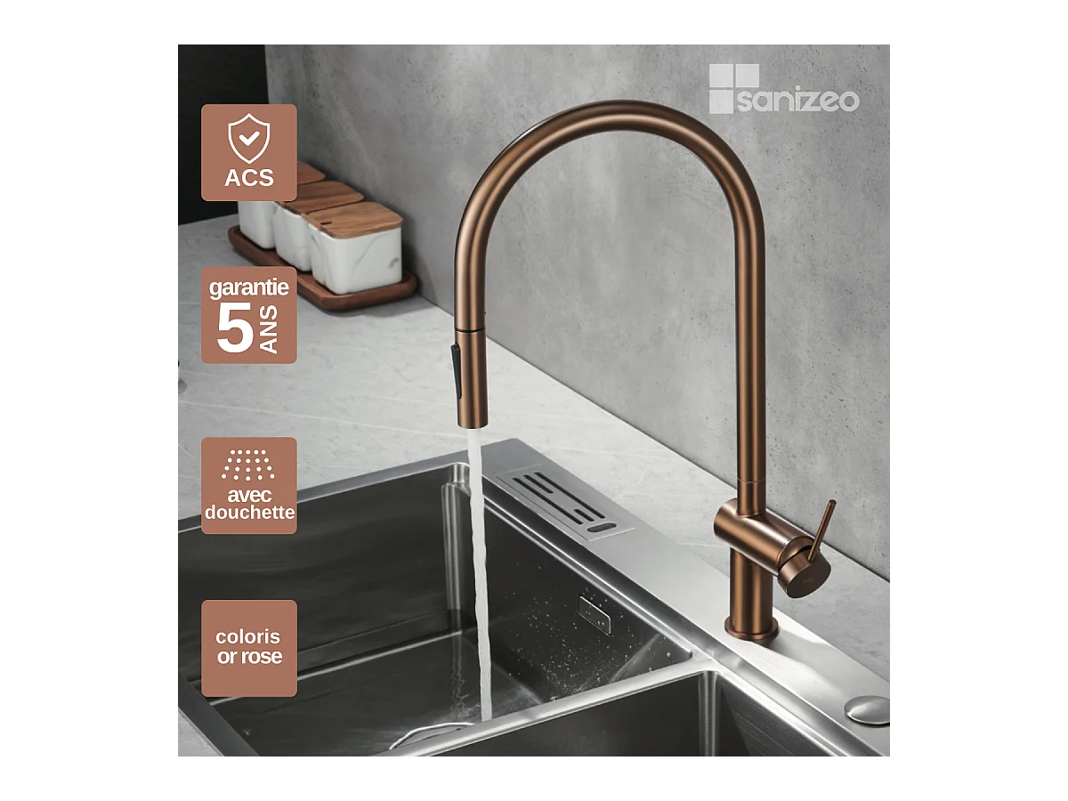 Mitigeur Évier Cuisine avec douchette extractible or rose brossé - Design moderne – BERNA IMEX