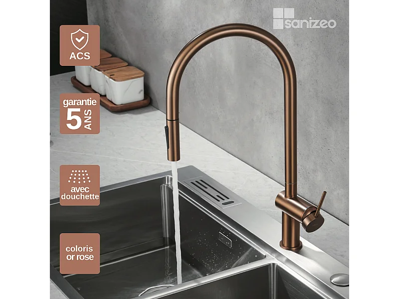 Mitigeur Évier Cuisine avec douchette extractible or rose brossé - Design moderne – BERNA IMEX