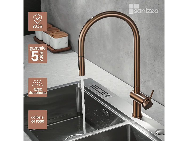 Mitigeur Évier Cuisine avec douchette extractible or rose brossé - Design moderne – BERNA IMEX