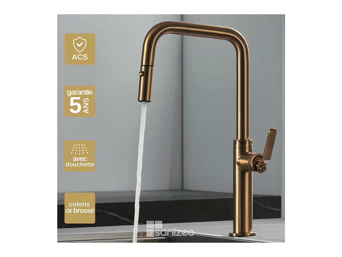 Mitigeur Évier Cuisine avec douchette extractible or brossé - Design moderne – NIZA IMEX