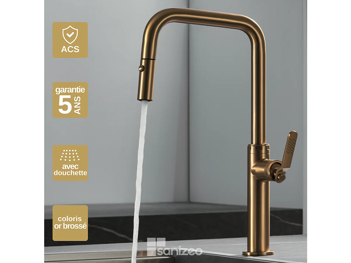 Mitigeur Évier Cuisine avec douchette extractible or brossé - Design moderne – NIZA IMEX
