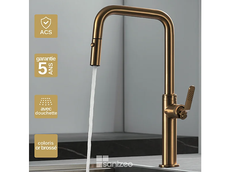 Mitigeur Évier Cuisine avec douchette extractible or brossé - Design moderne – NIZA IMEX