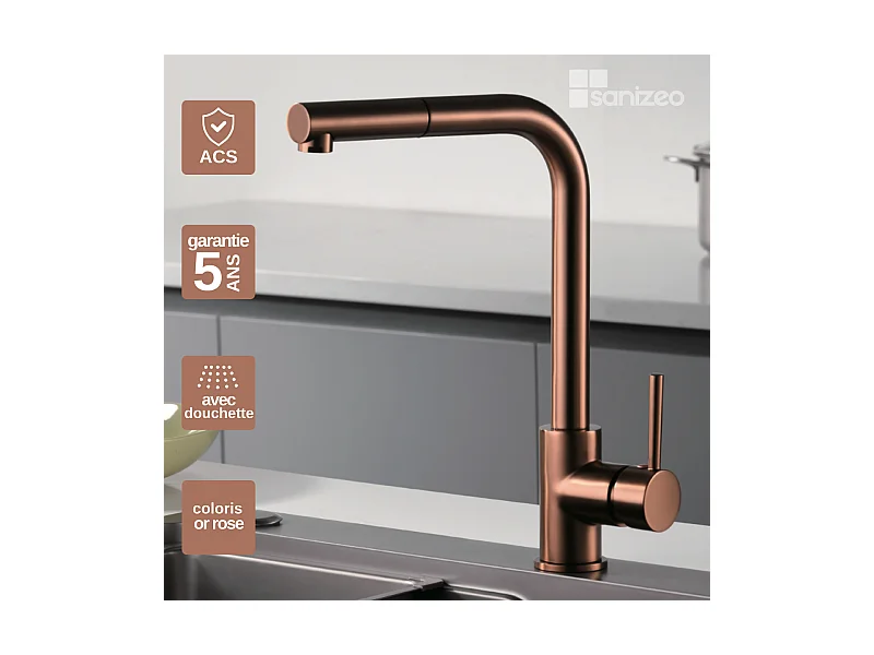 Mitigeur Évier Cuisine avec douchette extractible or rose cuivré - Design moderne – MALTA IMEX