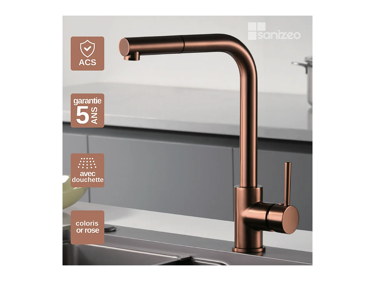 Mitigeur Évier Cuisine avec douchette extractible or rose cuivré - Design moderne – MALTA IMEX
