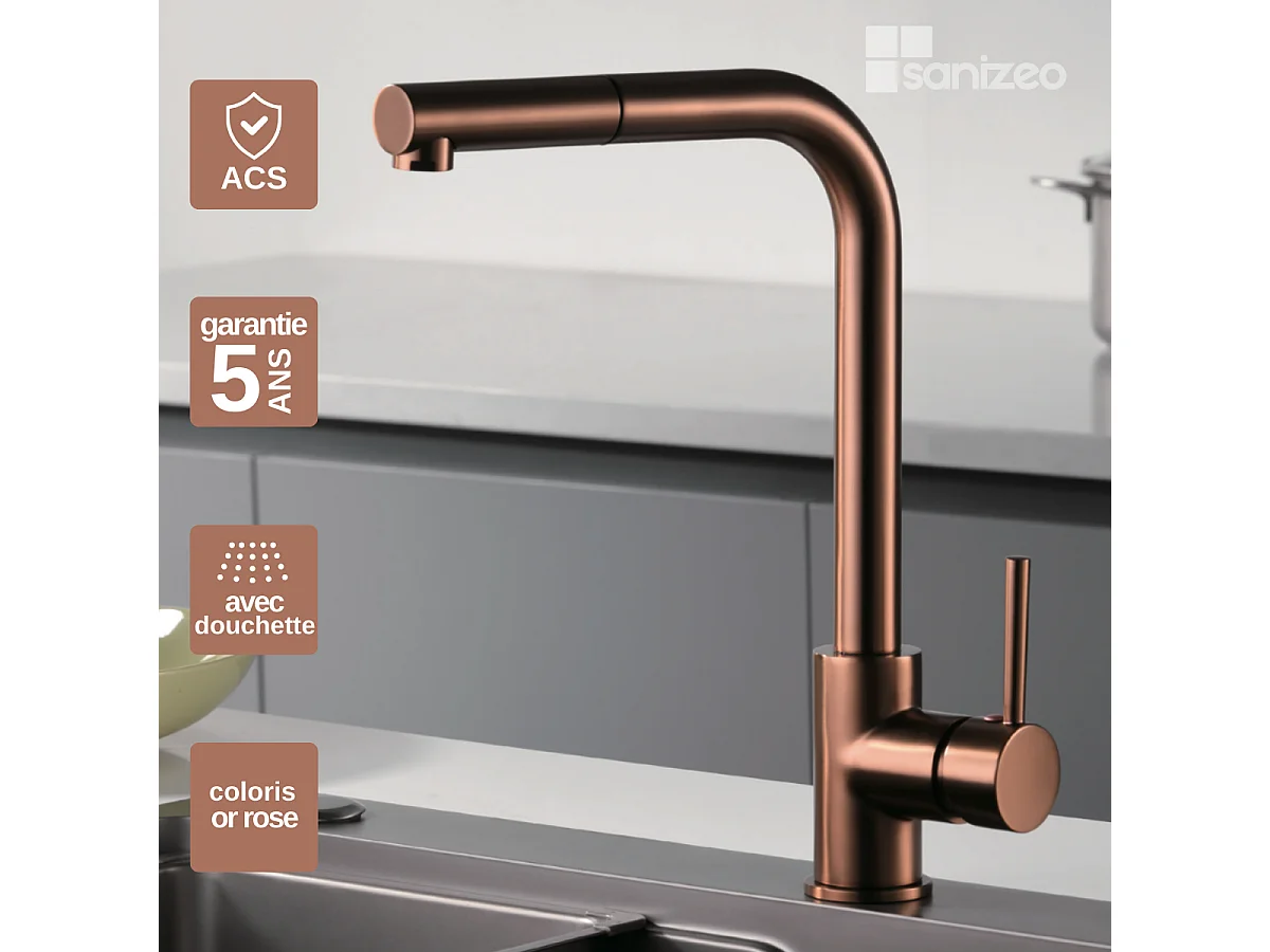 Mitigeur Évier Cuisine avec douchette extractible or rose cuivré - Design moderne – MALTA IMEX