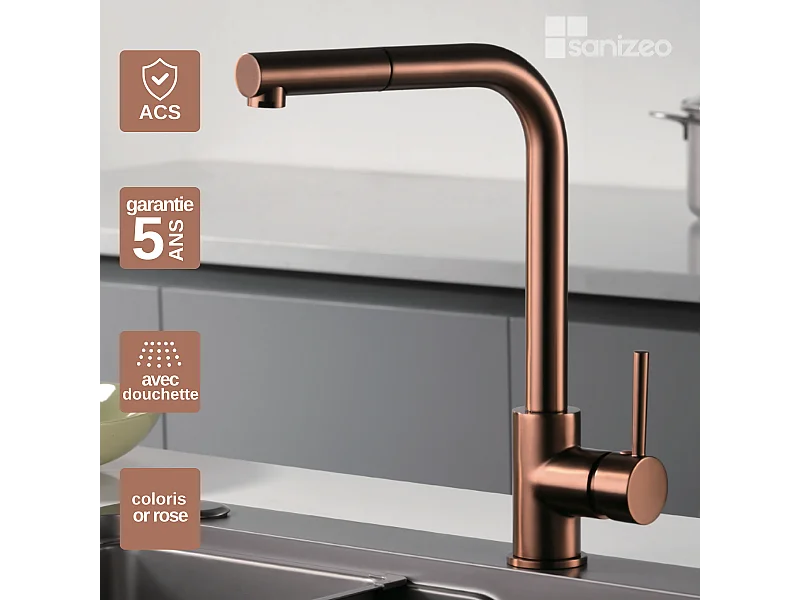 Mitigeur Évier Cuisine avec douchette extractible or rose cuivré - Design moderne – MALTA IMEX