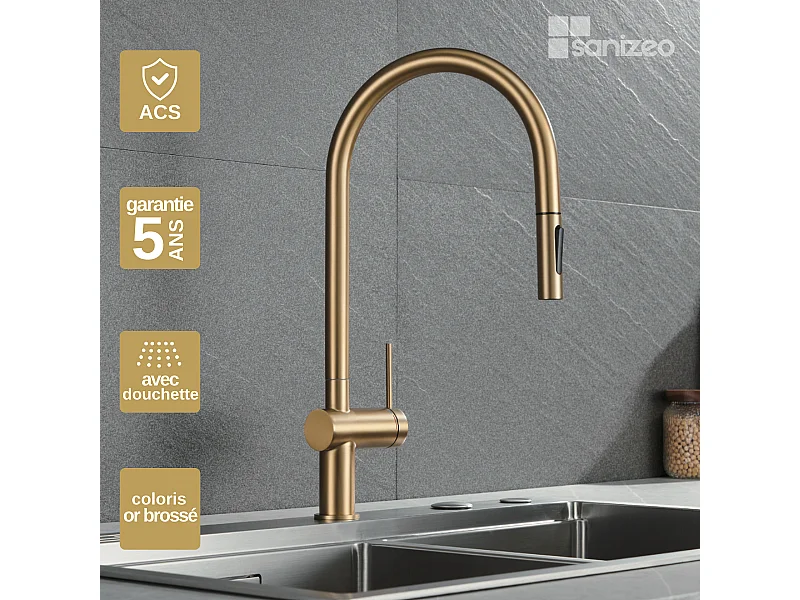 Mitigeur Évier Cuisine avec douchette extractible or brossé - Design moderne – BERNA IMEX