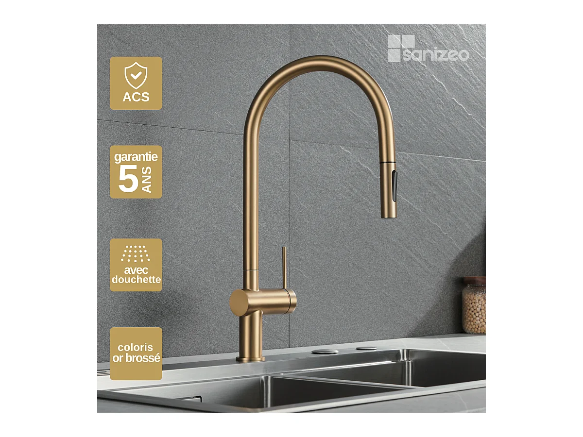 Mitigeur Évier Cuisine avec douchette extractible or brossé - Design moderne – BERNA IMEX