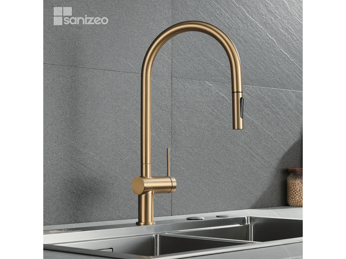 Mitigeur Évier Cuisine avec douchette extractible or brossé - Design moderne – BERNA IMEX