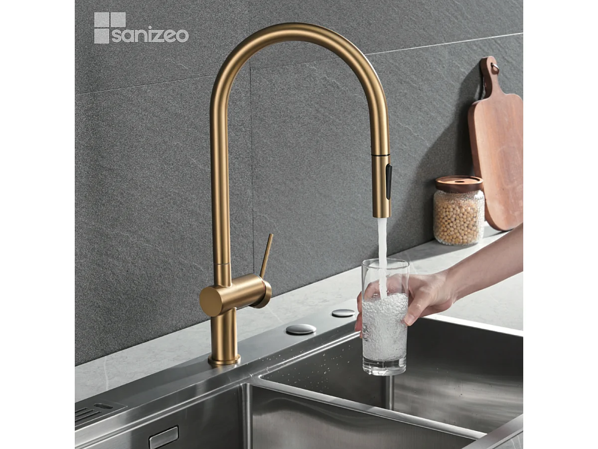 Mitigeur Évier Cuisine avec douchette extractible or brossé - Design moderne – BERNA IMEX