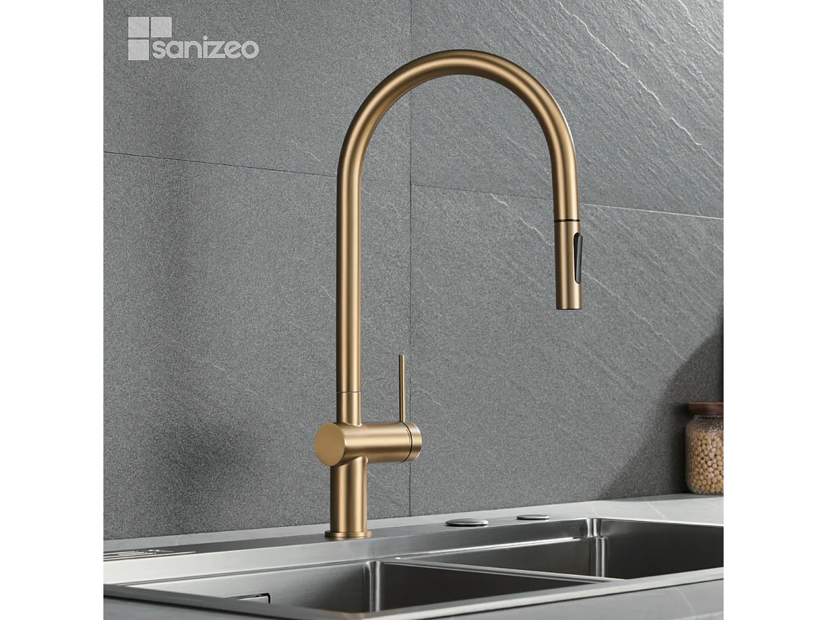 Mitigeur Évier Cuisine avec douchette extractible or brossé - Design moderne – BERNA IMEX