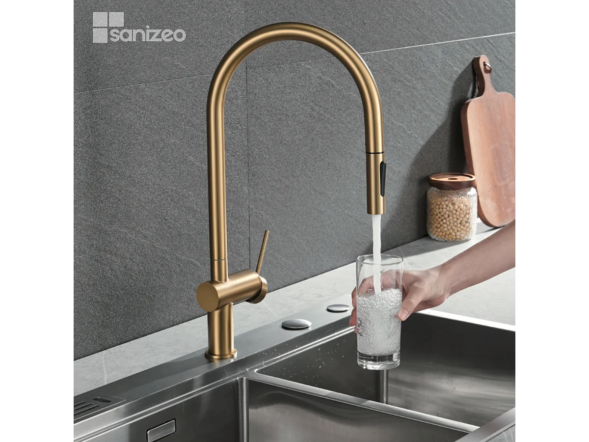 Mitigeur Évier Cuisine avec douchette extractible or brossé - Design moderne – BERNA IMEX