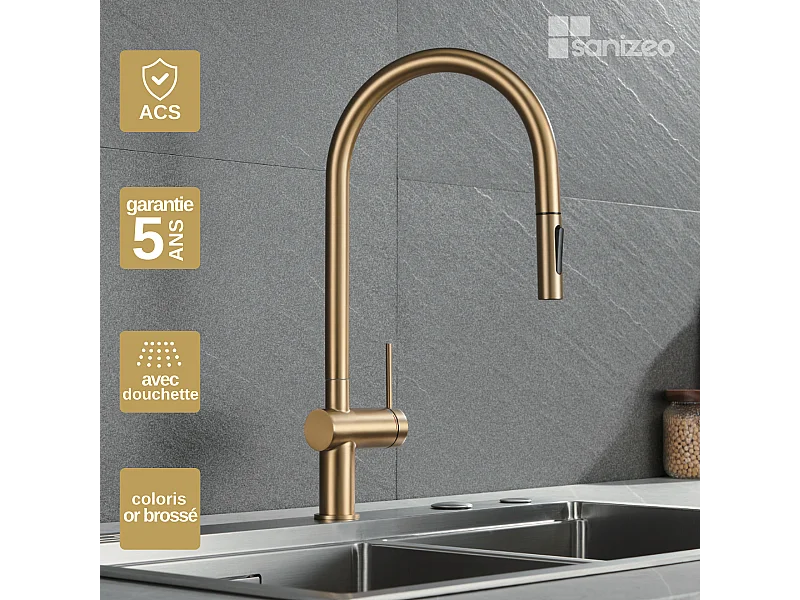 Mitigeur Évier Cuisine avec douchette extractible or brossé - Design moderne – BERNA IMEX