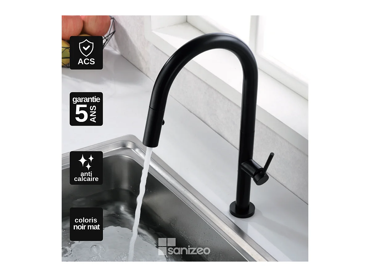 Mitigeur Évier Cuisine avec douchette extractible noir mat - Design moderne – SAMOA IMEX