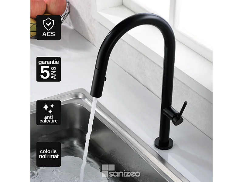 Mitigeur Évier Cuisine avec douchette extractible noir mat - Design moderne – SAMOA IMEX