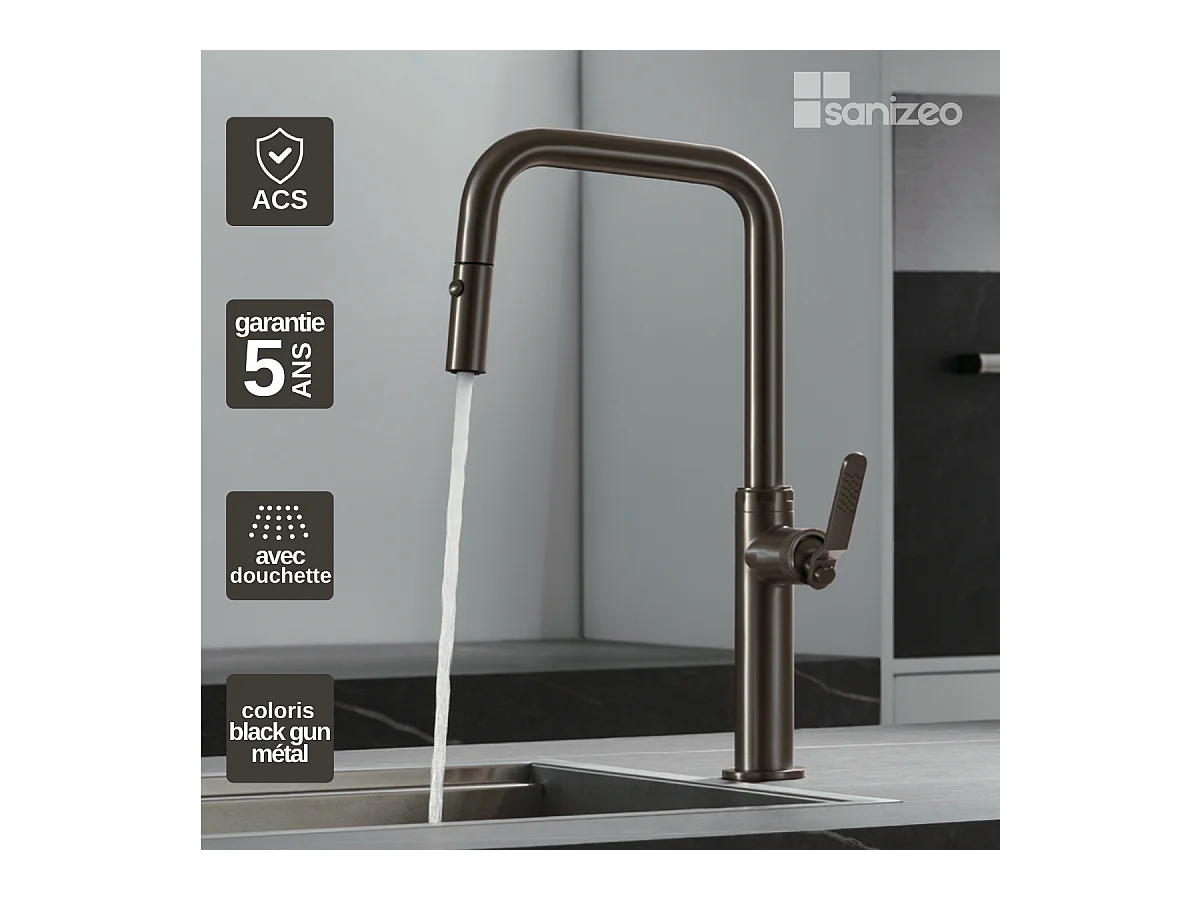 Mitigeur Évier Cuisine avec douchette extractible noir métal - Design moderne – NIZA IMEX