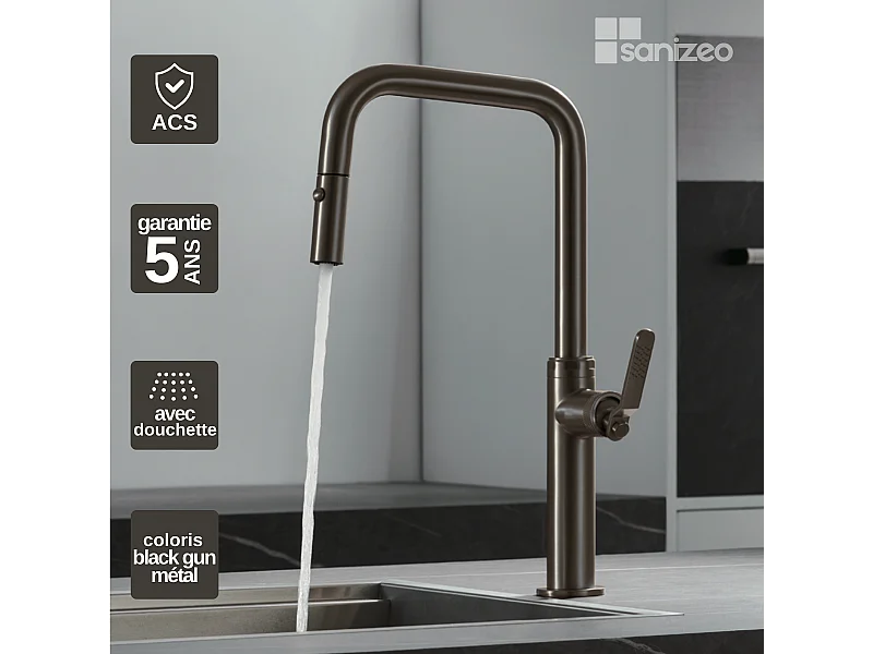 Mitigeur Évier Cuisine avec douchette extractible noir métal - Design moderne – NIZA IMEX