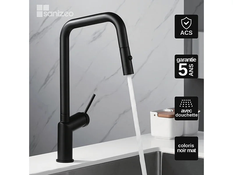 Mitigeur Évier Cuisine avec douchette extractible noir mat - Design moderne – BONN IMEX