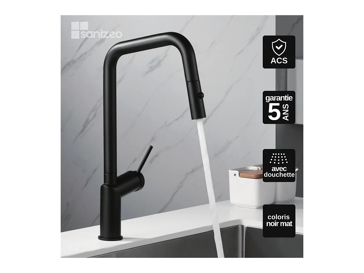 Mitigeur Évier Cuisine avec douchette extractible noir mat - Design moderne – BONN IMEX
