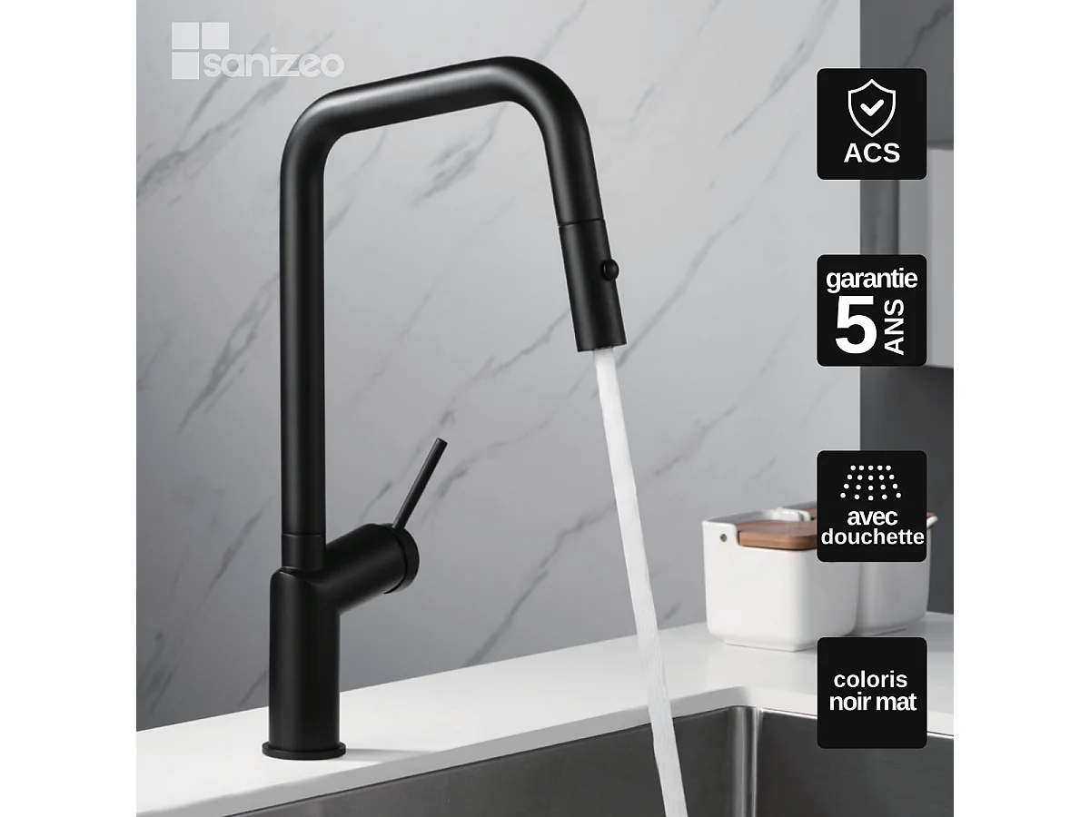 Mitigeur Évier Cuisine avec douchette extractible noir mat - Design moderne – BONN IMEX