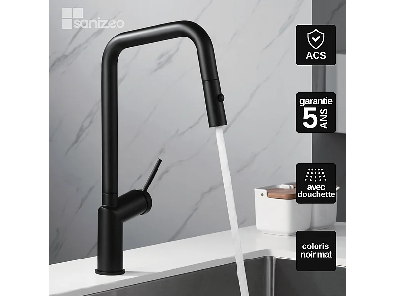 Mitigeur Évier Cuisine avec douchette extractible noir mat - Design moderne – BONN IMEX