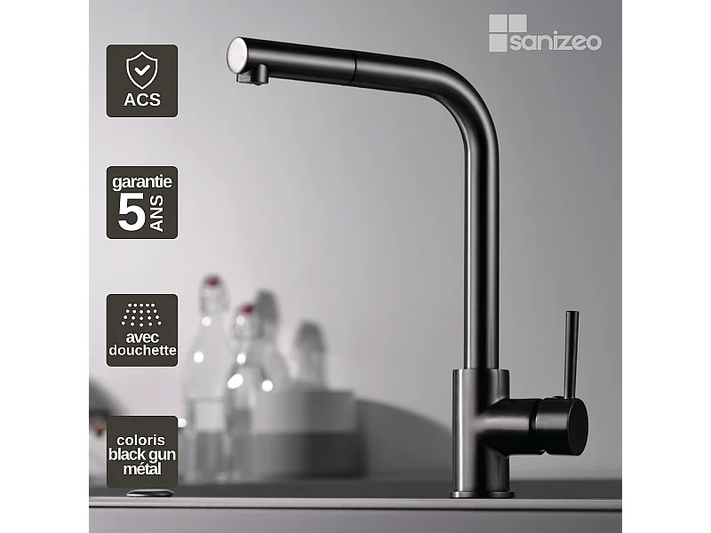 Mitigeur Évier Cuisine avec douchette extractible noir métal - Design moderne – MALTA IMEX
